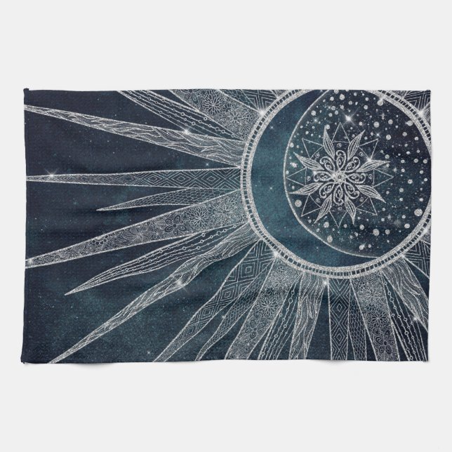 Elegant Silver Sun Moon Doodle Mandala Blue Design Kitchen Towel (Horizontal)