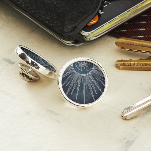 Elegant Silver Sun Moon Doodle Mandala Blue Design Lapel Pin (In Situ)
