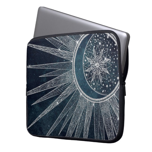 Elegant Silver Sun Moon Doodle Mandala Blue Design Laptop Sleeve (Front Left)