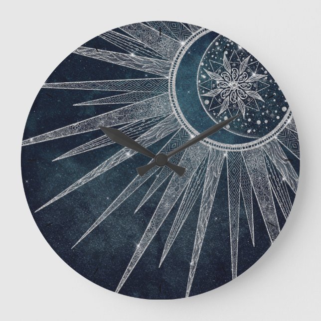 Elegant Silver Sun Moon Doodle Mandala Blue Design Large Clock (Front)