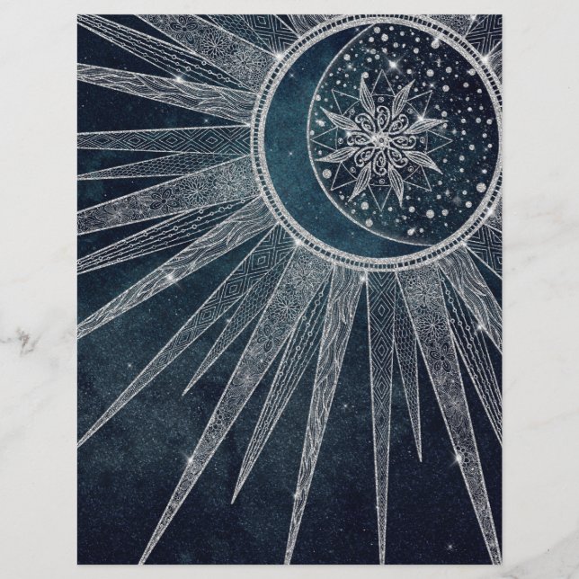 Elegant Silver Sun Moon Doodle Mandala Blue Design Letterhead (Front)