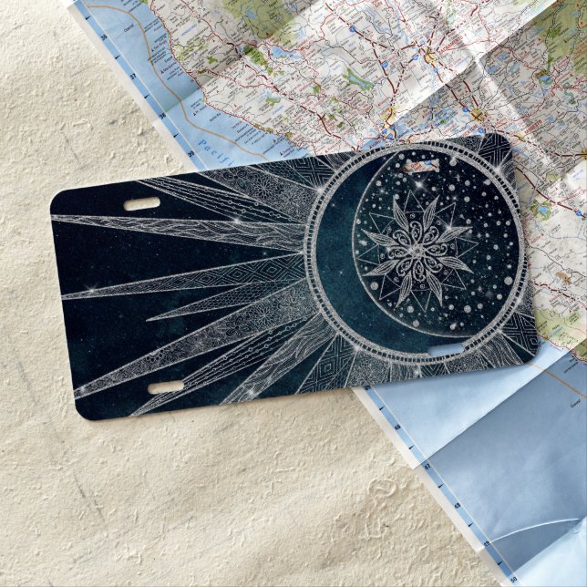 Elegant Silver Sun Moon Doodle Mandala Blue Design License Plate (In Situ)