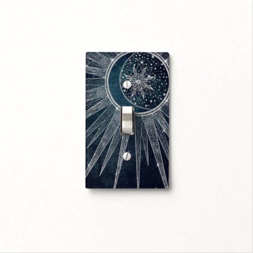 Elegant Silver Sun Moon Doodle Mandala Blue Design Light Switch Cover