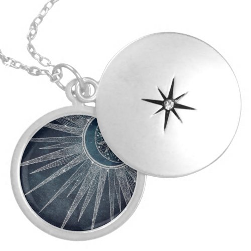 Elegant Silver Sun Moon Doodle Mandala Blue Design Locket Necklace