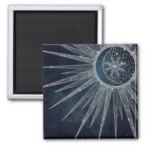 Elegant Silver Sun Moon Doodle Mandala Blue Design Magnet