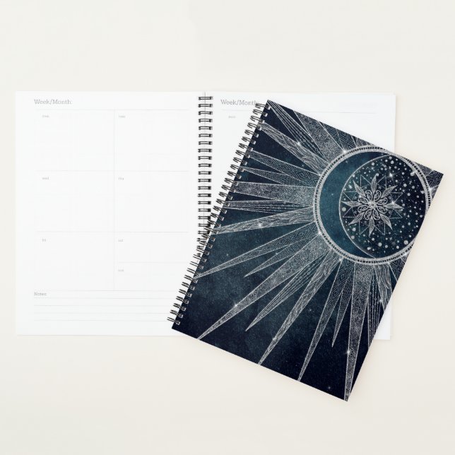 Elegant Silver Sun Moon Doodle Mandala Blue Design Planner (Display)