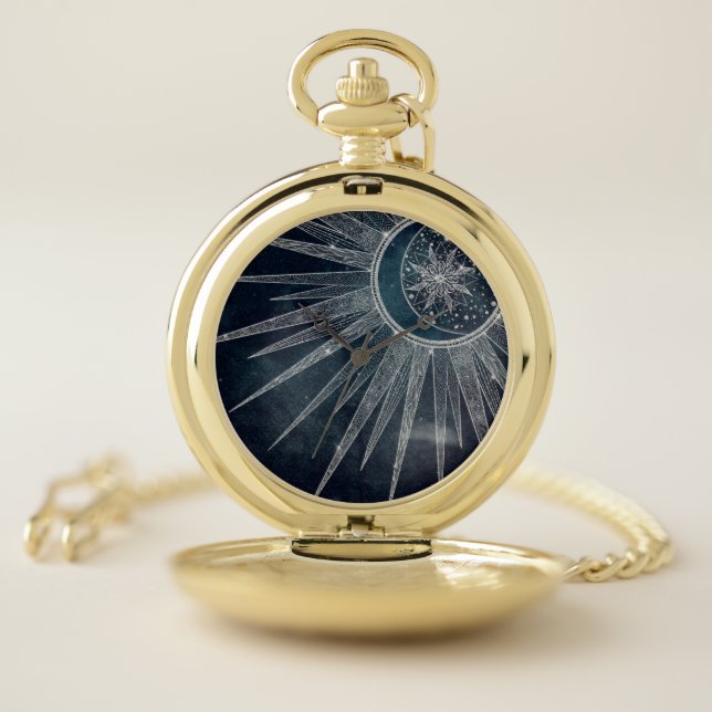 Elegant Silver Sun Moon Doodle Mandala Blue Design Pocket Watch (Inside)