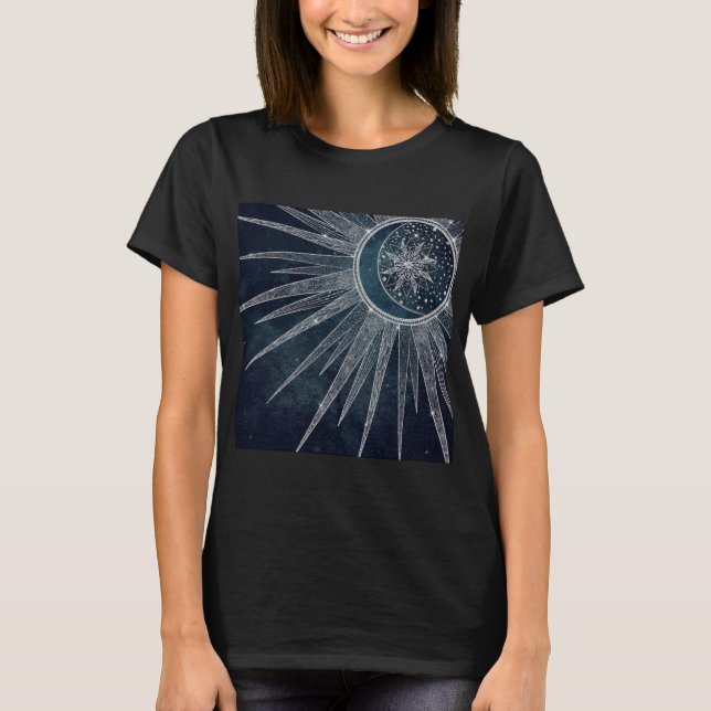 Elegant Silver Sun Moon Doodle Mandala Blue Design T-Shirt (Front)
