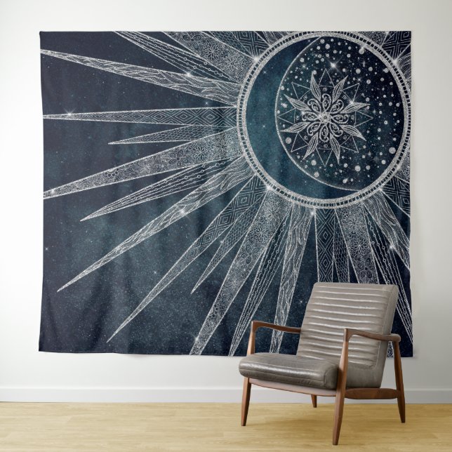Elegant Silver Sun Moon Doodle Mandala Blue Design Tapestry (In Situ (Horizontal))