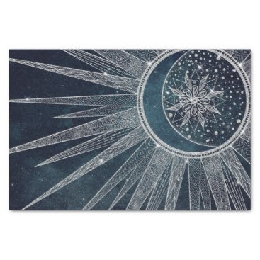 Elegant Silver Sun Moon Doodle Mandala Blue Design Tissue Paper