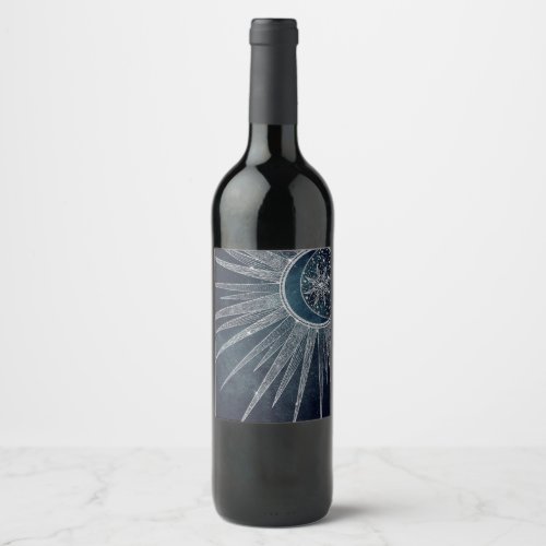 Elegant Silver Sun Moon Doodle Mandala Blue Design Wine Label