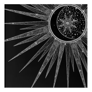 Elegant Silver Sun Moon Mandala Black Design Acrylic Print