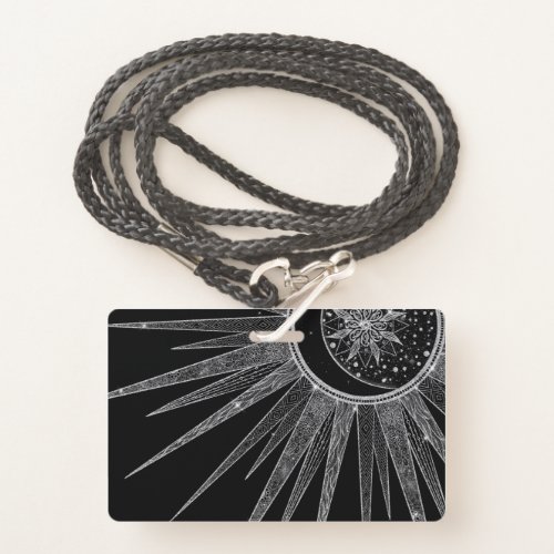 Elegant Silver Sun Moon Mandala Black Design Badge
