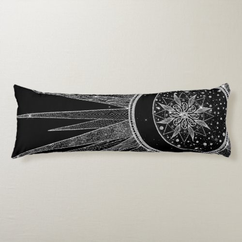 Elegant Silver Sun Moon Mandala Black Design Body Pillow