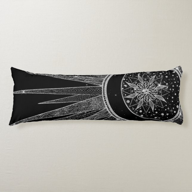 Elegant Silver Sun Moon Mandala Black Design Body Pillow (Front)
