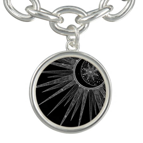 Elegant Silver Sun Moon Mandala Black Design Bracelet