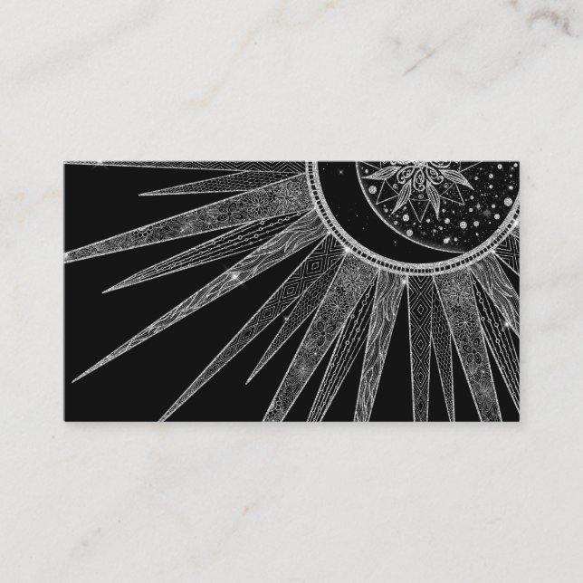 Elegant Silver Sun Moon Mandala Black Design Business Card (Front)