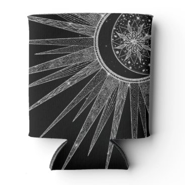 Elegant Silver Sun Moon Mandala Black Design Can Cooler