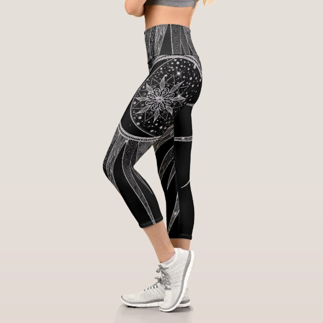 Elegant Silver Sun Moon Mandala Black Design Capri Leggings (Left)