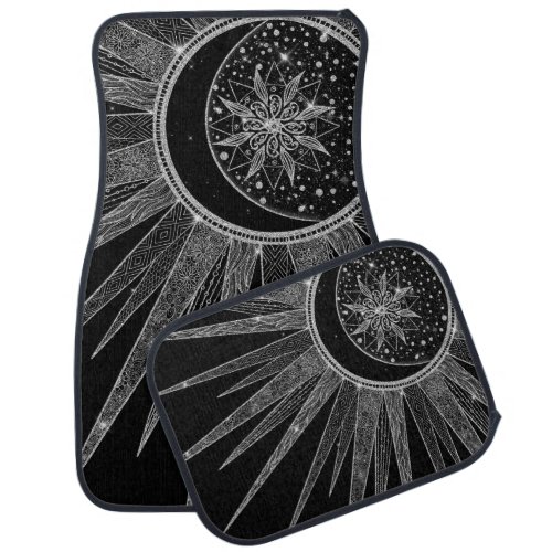 Elegant Silver Sun Moon Mandala Black Design Car Floor Mat
