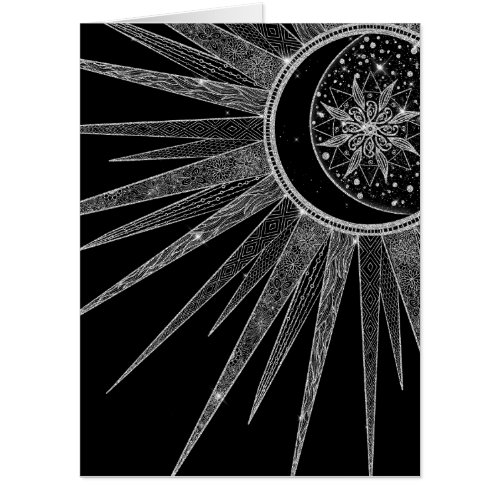 Elegant Silver Sun Moon Mandala Black Design Card