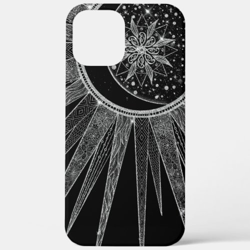 Elegant Silver Sun Moon Mandala Black Design iPhone 12 Pro Max Case