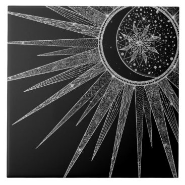 Elegant Silver Sun Moon Mandala Black Design Ceramic Tile