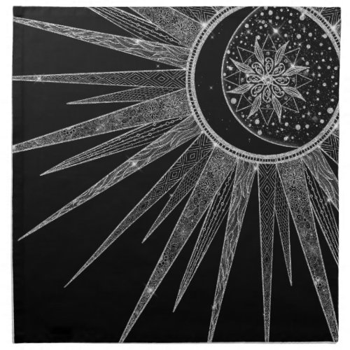 Elegant Silver Sun Moon Mandala Black Design Cloth Napkin