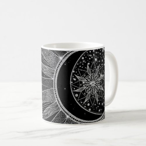 Elegant Silver Sun Moon Mandala Black Design Coffee Mug