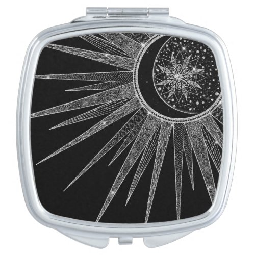 Elegant Silver Sun Moon Mandala Black Design Compact Mirror