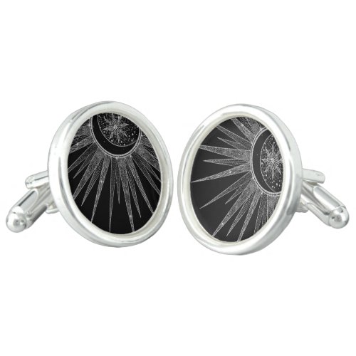 Elegant Silver Sun Moon Mandala Black Design Cufflinks
