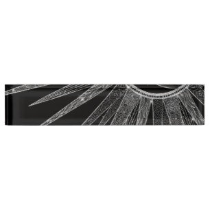 Elegant Silver Sun Moon Mandala Black Design Desk Name Plate