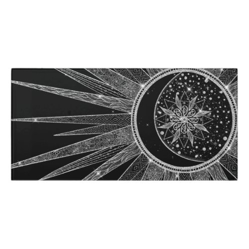 Elegant Silver Sun Moon Mandala Black Design Door Sign