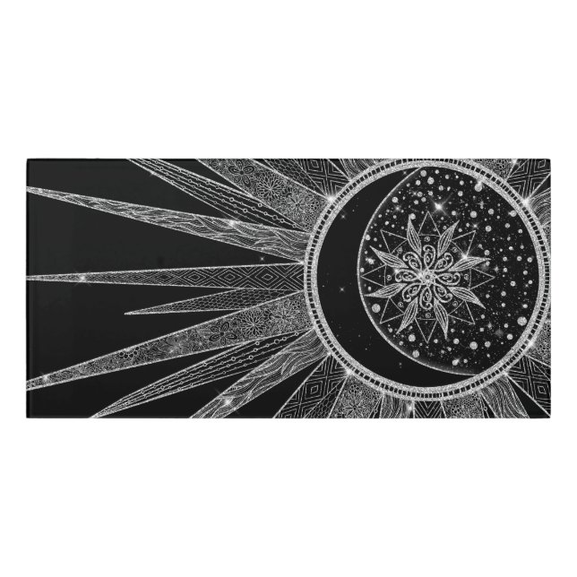 Elegant Silver Sun Moon Mandala Black Design Door Sign (Classic Front)