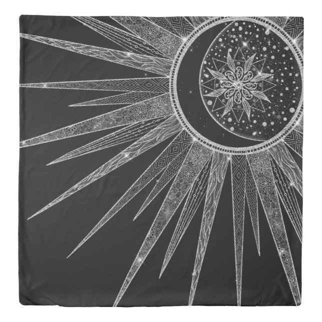 Elegant Silver Sun Moon Mandala Black Design Duvet Cover (Front)