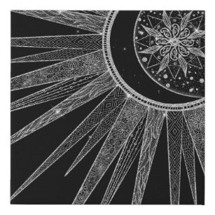 Elegant Silver Sun Moon Mandala Black Design Faux Canvas Print