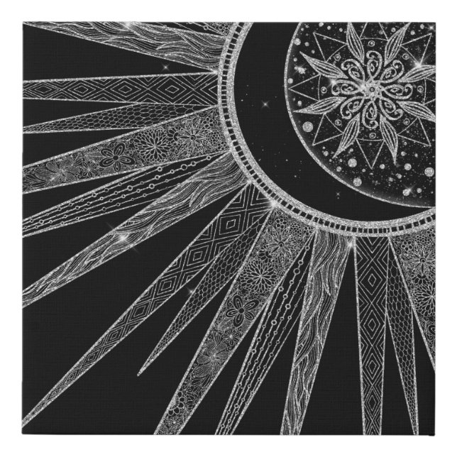 Elegant Silver Sun Moon Mandala Black Design Faux Canvas Print (Front)