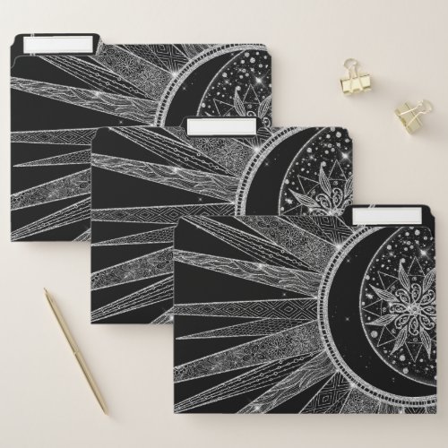 Elegant Silver Sun Moon Mandala Black Design File Folder