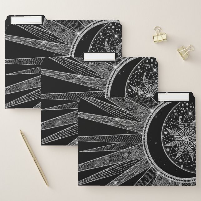 Elegant Silver Sun Moon Mandala Black Design File Folder (Set)