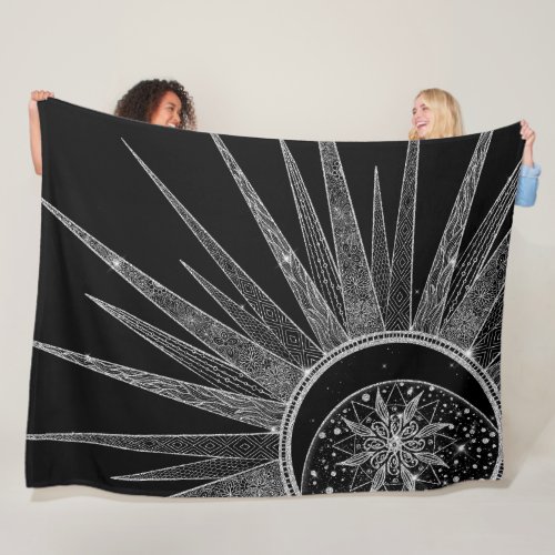 Elegant Silver Sun Moon Mandala Black Design Fleece Blanket
