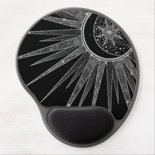 Elegant Silver Sun Moon Mandala Black Design Gel Mouse Pad