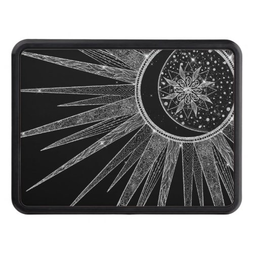 Elegant Silver Sun Moon Mandala Black Design Hitch Cover