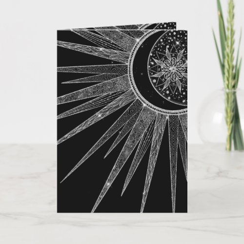 Elegant Silver Sun Moon Mandala Black Design Holiday Card