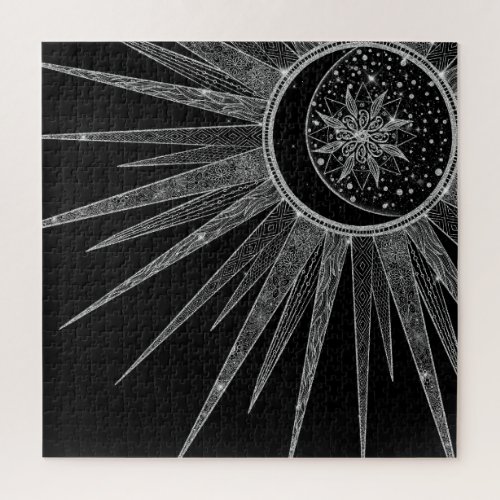Elegant Silver Sun Moon Mandala Black Design Jigsaw Puzzle
