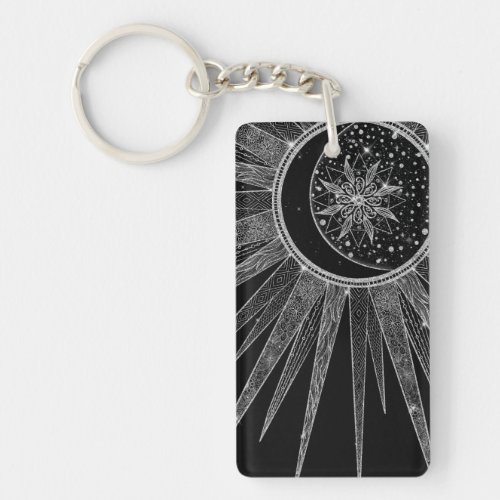 Elegant Silver Sun Moon Mandala Black Design Keychain