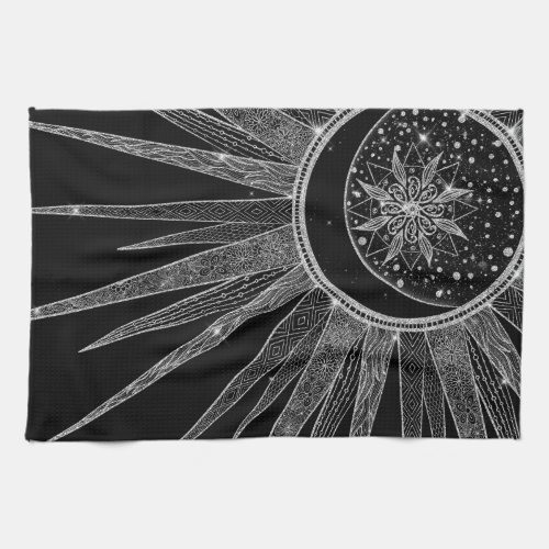 Elegant Silver Sun Moon Mandala Black Design Kitchen Towel