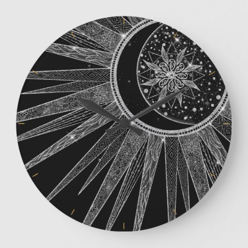Elegant Silver Sun Moon Mandala Black Design Large Clock