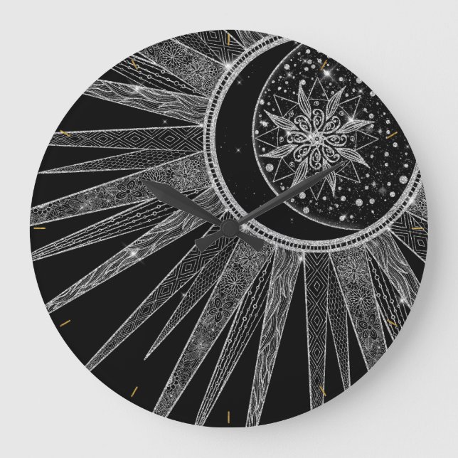 Elegant Silver Sun Moon Mandala Black Design Large Clock (Front)