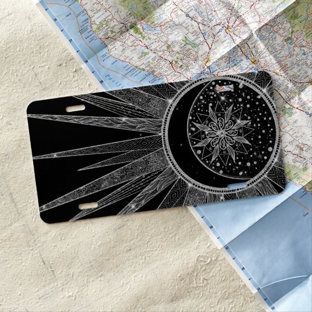 Elegant Silver Sun Moon Mandala Black Design License Plate (In Situ)
