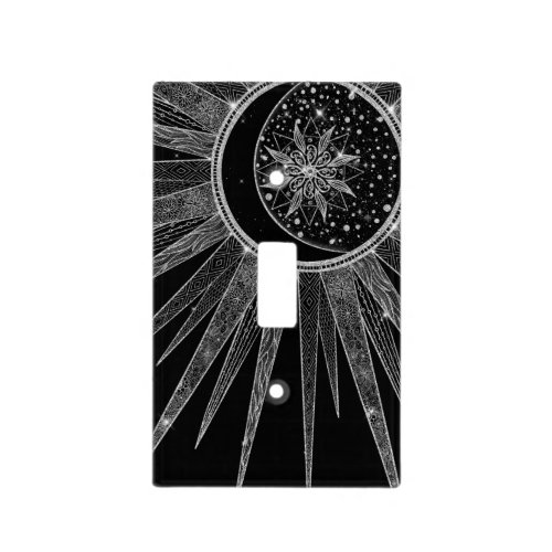 Elegant Silver Sun Moon Mandala Black Design Light Switch Cover